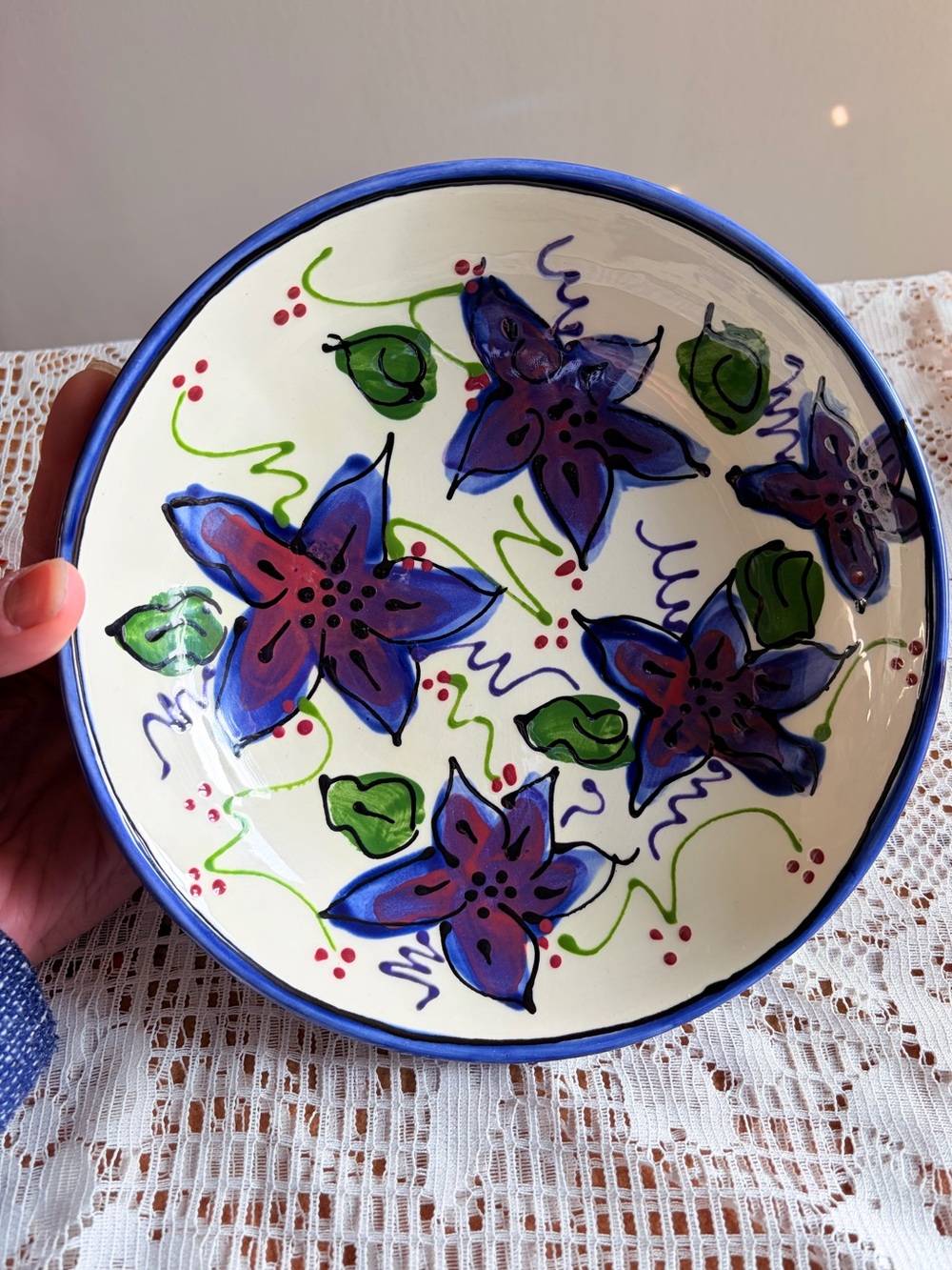 💙Vibrant Artisan Hand-Painted Floral Ceramic 8” Bowl Signed Studio Art Pottery